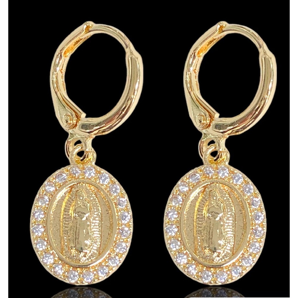 Laminated Gold virgin Mary Gold Earrings Leverback Religious Dangle Drop Earring